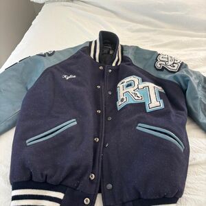 VINTAGE Letterman Blue Navy Women's Leather Varsity Oversized Large Felt Jacket